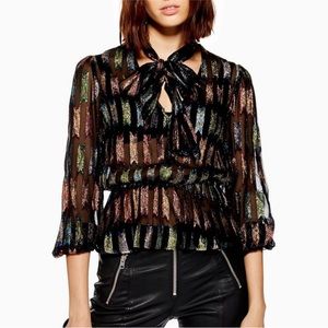 Rainbow Lamé PussyBow Blouse Size 2 Metallic